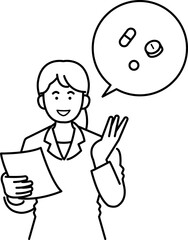 薬の説明をする薬剤師のイラスト　線画のみ