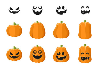 Cute Jack O Lantern with Different Pumpkin Shapes and Facial Expressions Set. Spooky Creepy Halloween Graphics Illustrations.