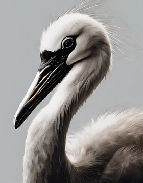 young white crane against plain grey background