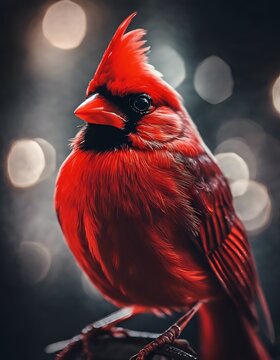 red cardinal bird with bright feathers, red beak and brokeh background