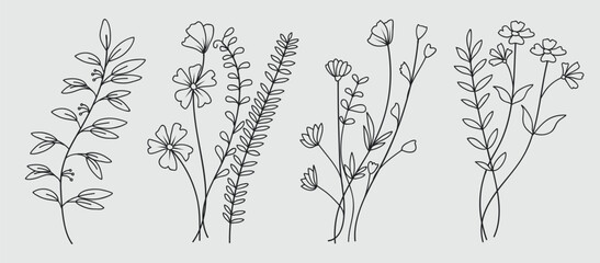 Fototapeta premium Hand drawn botanical art continuous line drawing of abstract flower, floral, rose, tropical leaves, spring and autumn leaf vector collection.
