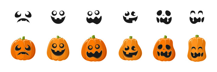 Cute Jack O Lantern with Different Pumpkin Shapes and Facial Expressions Set. Spooky Creepy Halloween Graphics Illustrations.