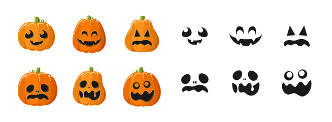 Cute Jack O Lantern with Different Pumpkin Shapes and Facial Expressions Set. Spooky Creepy Halloween Graphics Illustrations.