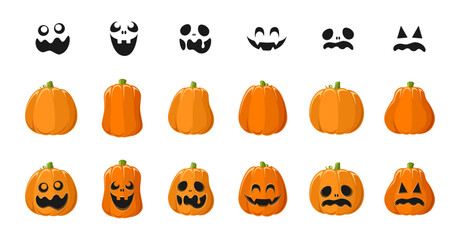 Cute Jack O Lantern with Different Pumpkin Shapes and Facial Expressions Set. Spooky Creepy Halloween Graphics Illustrations.