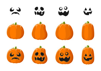 Cute Jack O Lantern with Different Pumpkin Shapes and Facial Expressions Set. Spooky Creepy Halloween Graphics Illustrations.