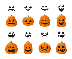 Cute Jack O Lantern with Different Pumpkin Shapes and Facial Expressions Set. Spooky Creepy Halloween Graphics Illustrations.