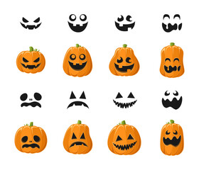 Cute Jack O Lantern with Different Pumpkin Shapes and Facial Expressions Set. Spooky Creepy Halloween Graphics Illustrations.