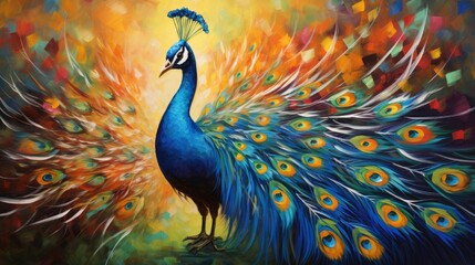 Fototapeta premium modern oil painting of Beautiful multicolored peacock, artist collection of animal painting for decoration and interior, canvas art, abstract.