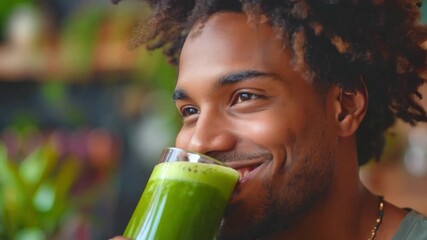 young man smiles as he enjoys a refreshing green smoothie in a cozy kitchen setting. 