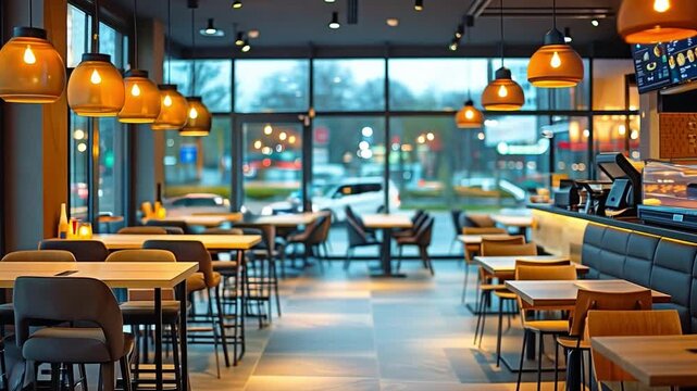 Fast food restaurant interior lighting and seats modern.