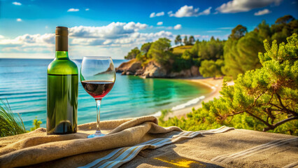 Elegant wine glass and chilled bottle rest on a sun-kissed Mediterranean beach towel, surrounded by lush greenery and serene turquoise ocean views.