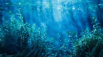 Underwater plants absorbing carbon dioxide in blue carbon ecosystem for sequestration. Concept Blue Carbon Ecosystem, Underwater Plants, Carbon Sequestration, Environmental Conservation