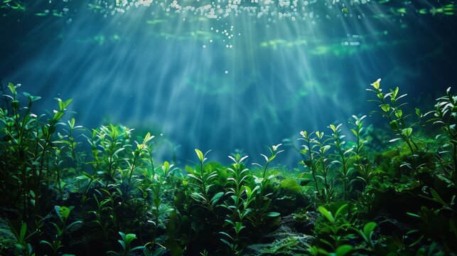 Underwater plants absorbing carbon dioxide in blue carbon ecosystem for sequestration. Concept Blue Carbon Ecosystem, Underwater Plants, Carbon Sequestration, Environmental Conservation