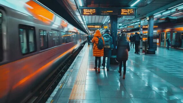 A train is pulling into a station with people walking on the platform. The train is yellow and orange, and the people are wearing backpacks and coats. Scene is busy and bustling