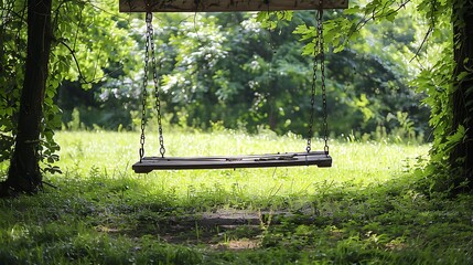 Big vacant wooden swing in a countrysyde in summer green grass lawn on background