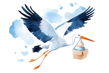 A delightful watercolor illustration of a stork carrying a newborn baby, perfect for birth announcements and baby-related themes.