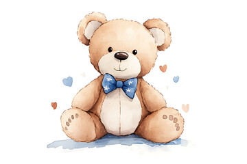 A charming watercolor illustration of a teddy bear wearing a blue bow tie, surrounded by hearts, perfect for nursery decor and children's gifts.