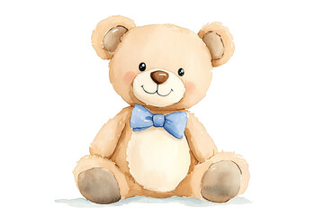 Watercolor Teddy Bear with Blue Bow Tie