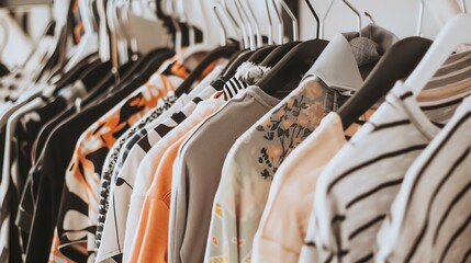 A close-up of a rack of clothing in a closet.