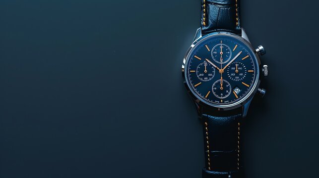 A men's wristwatch with a blue face and gold accents on a black background.