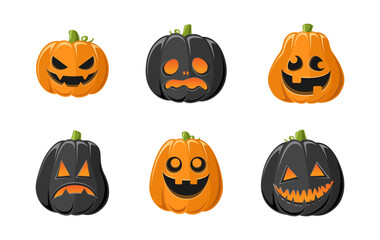 Cute Jack O Lantern with Different Shapes and Funny Facial Expressions Set. Creepy Spooky Fun Halloween Pumpkin Decor Illustration Collection.