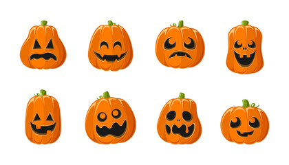 Cute Jack O Lantern with Different Shapes and Funny Facial Expressions Set. Creepy Spooky Fun Halloween Pumpkin Decor Illustration Collection.