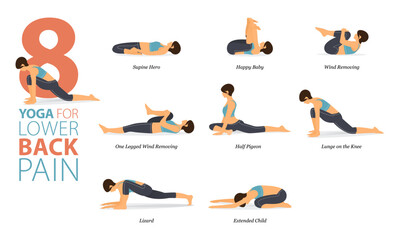 7 Yoga poses or asana posture for workout in cold & flu concept. Women exercising for body stretching. Fitness infographic. Flat cartoon vector.