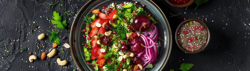 Vibrant salad bowl filled with fresh vegetables, nuts, and herbs, perfect for healthy eating and vibrant meal preparation.