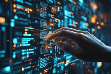 Hand Interacting with Futuristic Interface.