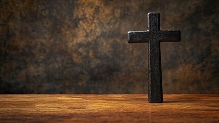 A crucifix cross standing upright on a wooden table, with a simple background and plenty of copy space, perfect for religious or spiritual design