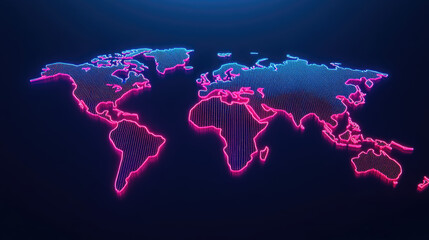 Stylized world map with neon pink and blue outlines, showcasing a modern digital design for global connectivity themes.