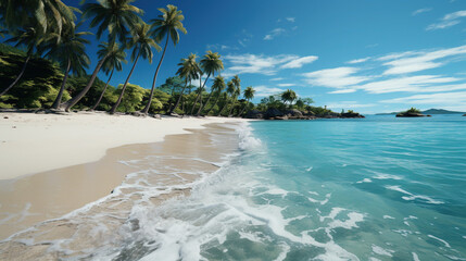 Fototapeta premium White Beach on the Island Lush Palm Trees Pristine White Sands And Mountains Landscape Background