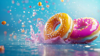 A close-up of four donuts with pink icing and sprinkles
