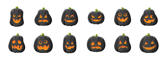 Black Jack O Lantern with Different Shapes and Funny Facial Expressions Set. Creepy Spooky Fun Halloween Pumpkin Decor Illustration Collection.