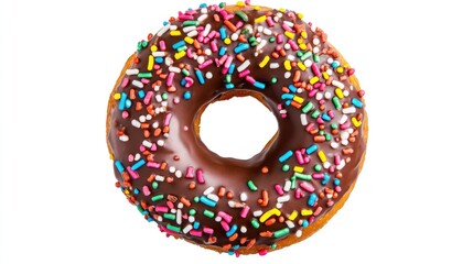 A top view of a chocolate donut covered in colorful sprinkles, isolated on a white background, highlighting its fun and inviting appearance