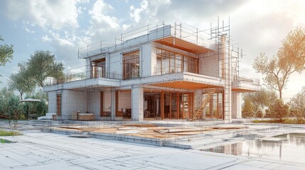 House under construction on blueprints close up. Building project concept