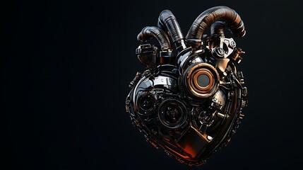 A metallic, steampunk-style heart with intricate gears and pipes against a black background.