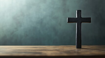Naklejka premium Close-up of a crucifix cross standing upright on a wooden table, with a clean background and plenty of copy space for religious or spiritual messages