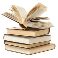 Fototapeta premium Open Book on Top of Stack with Space for Text on White Background. High-Resolution Clip Art Style for Educational and Business Concepts.