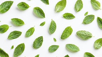 Fresh green mint leaves scattered on a white background, captured from a top-down perspective, emphasizing their vibrant color and texture