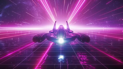 A futuristic spaceship flies through a digital tunnel, with glowing neon lights.