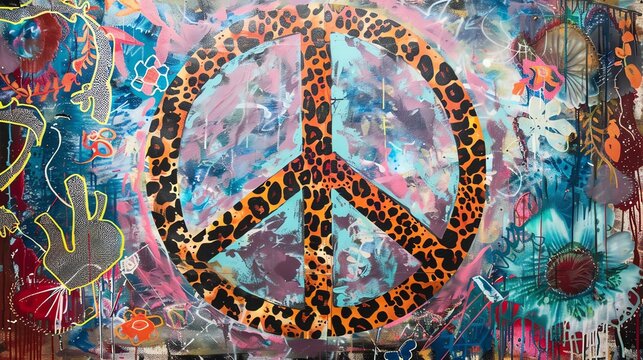 A colorful peace sign on a wall covered in graffiti, in a style that suggests the 1960s.