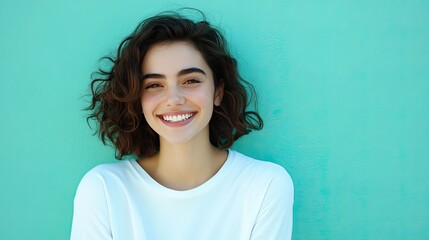 Fototapeta premium Joyful woman in white casual clothing, smiling against an aqua blue-green backdrop, showcasing a bright and engaging expression