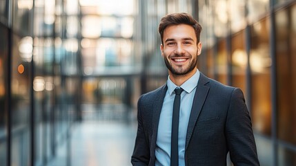 Fototapeta premium Panoramic view of a confident Caucasian business man in a suit, smiling and exuding success, perfect for SEO and business-related content --ar 16:9