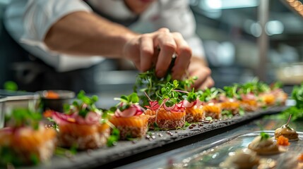 Obraz premium The chef's hands delicately place the microgreens on the appetizer, emphasizing precision and simplicity.