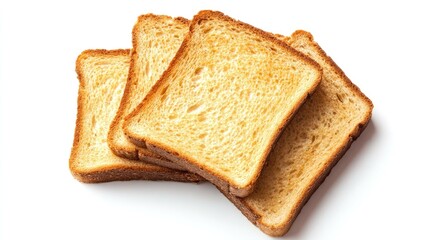 Slices of fresh toast bread, viewed from the top, isolated on a white background, perfect for emphasizing their crispy and golden appearance