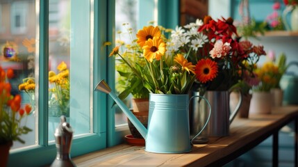 Fototapeta premium Flower shop with vibrant floral arrangements, a wooden counter, and vintage watering cans and tools.