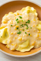ravioli pasta with corn cheese sauce
