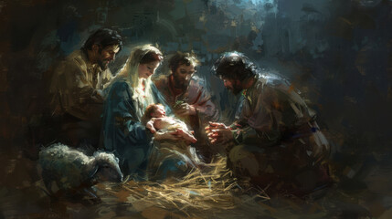 A painting of the Nativity scene with Mary holding baby Jesus, Joseph and shepherds kneeling beside them, all illuminated by a celestial light