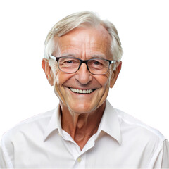 Fototapeta premium Smiling senior man wearing white shirt and eye glasses portrait on transparent
